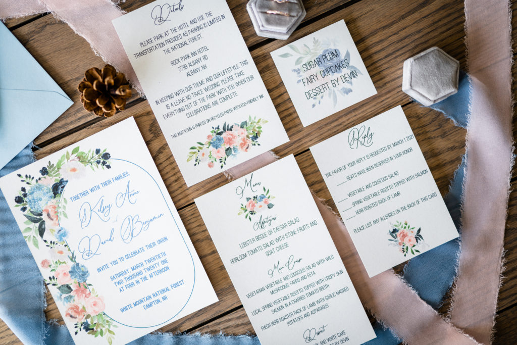 Detailed flat lay of pink and blue floral invitation