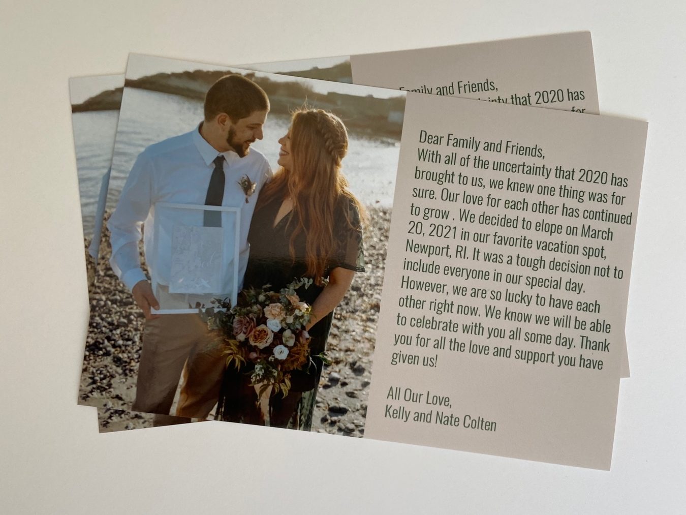 elopement announcement with man and woman on left and text on right