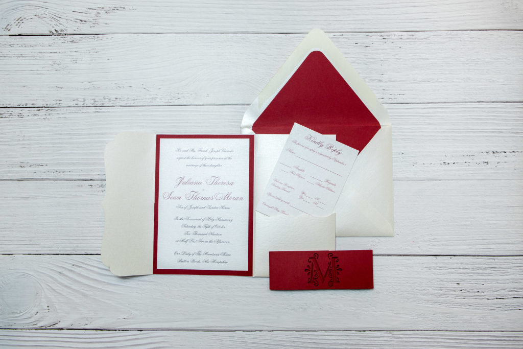 timeless red and cream wedding invitation with red envelope liner
