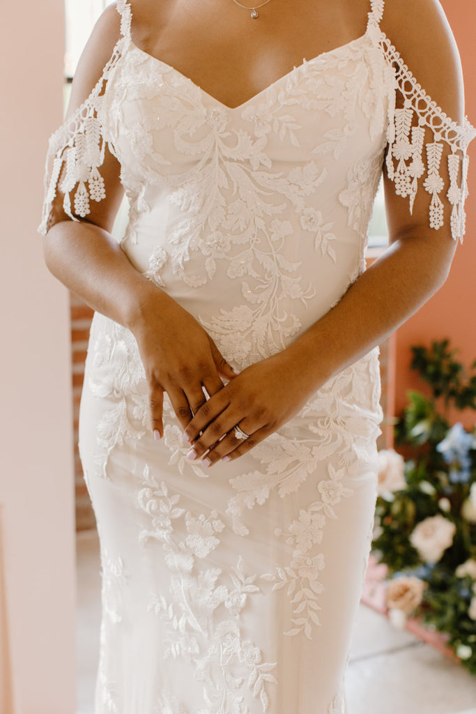 Winter wedding dress with intricate lace and beading