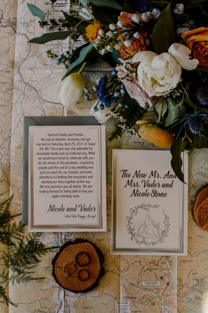 Rustic style wedding elopement stationery with map, rings, and flowers.