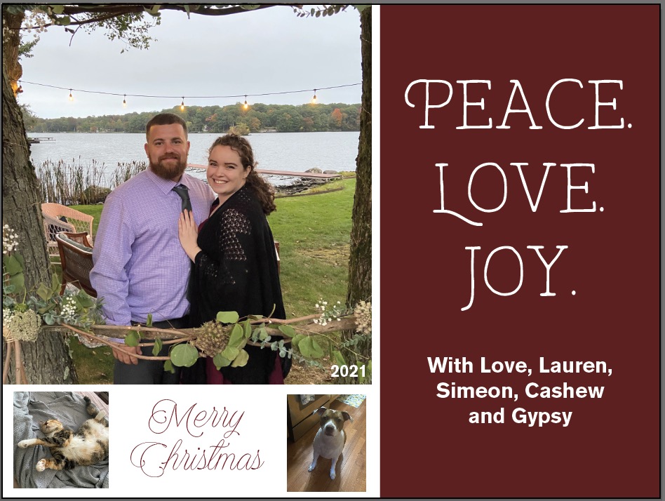 Custom designer's Christmas card with a couple and their pets.