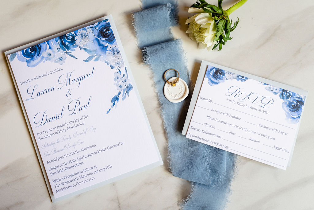 2021 trend of monochrome color palette, blue floral wedding invitation design.