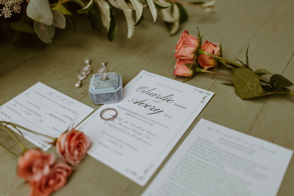 Classic style wedding invitations with black and white palette complemented with pink roses