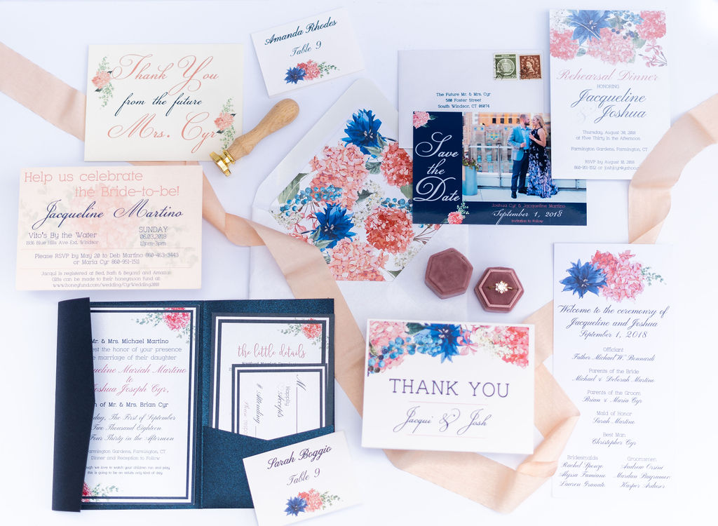 Floral wedding invitation suite with shower invites, save-the-date, wedding invitation, menu, and thank you cards. 