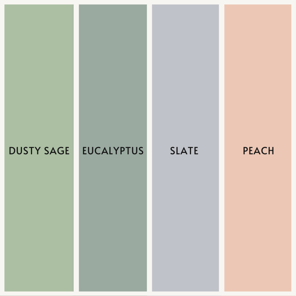 Wedding color palette consisting of sage green, eucalyptus green, slate grey, and peach.