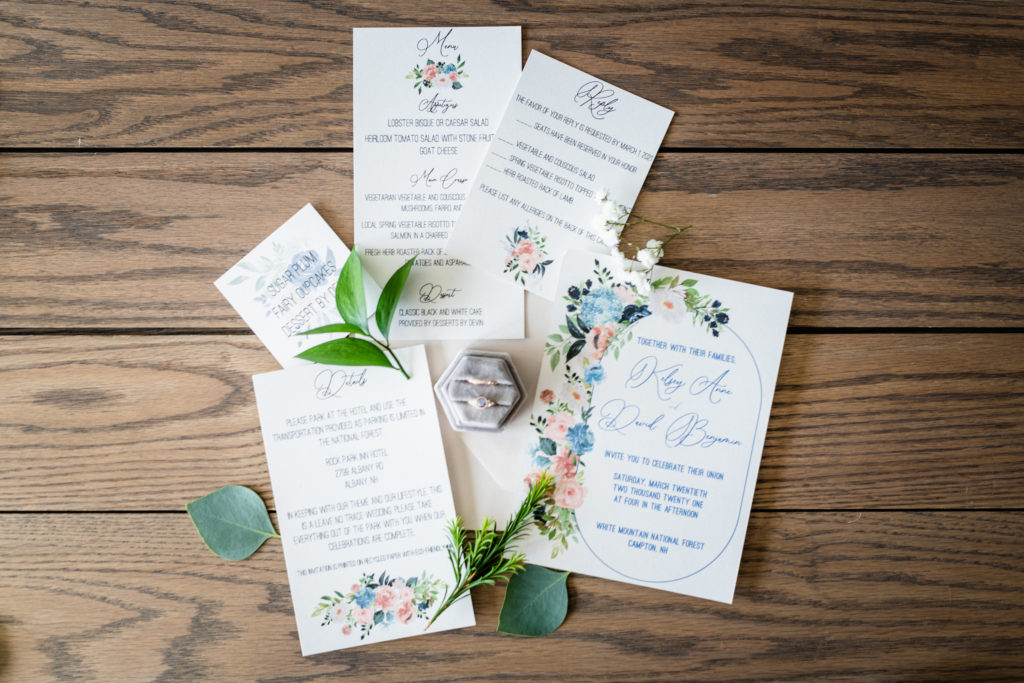 Wedding stationery suite including invitation, RSVP card, details card and menu. 