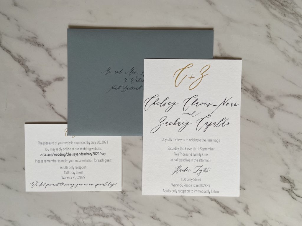 Wedding invitation suite with printed envelope.